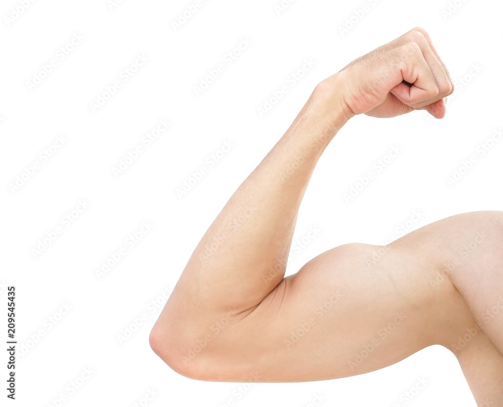 Obraz premium Strong arm man muscle isolated on white background with clipping path, fitness and healthy care concept