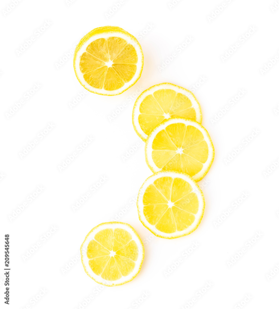 Closeup top view fresh lemon fruit slice on white background