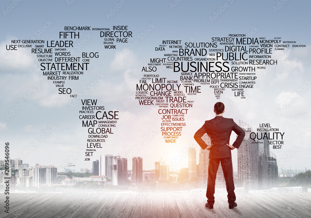 Motivation and inspiration concept with modern cityscape and businessman observing it Motivation and inspiration concept with modern cityscape and businessman observing it