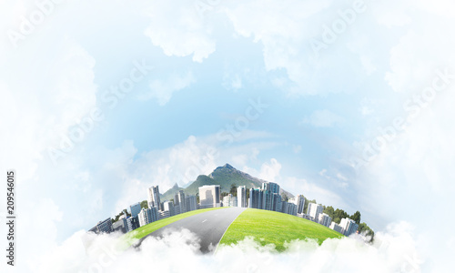 Concept of eco green life as elegant business center on white clouds