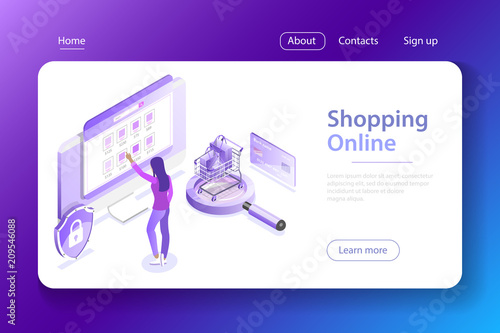 Flat isometric vector concept of online shopping, e-commerce, mobile payment.