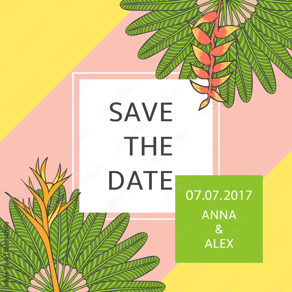 Save the date card template vector. Tropic summer wedding design ...