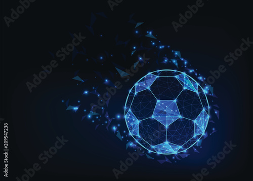 Soccer ball in action made of dots and lines, shiny stars and geometric shapes on dark blue background.