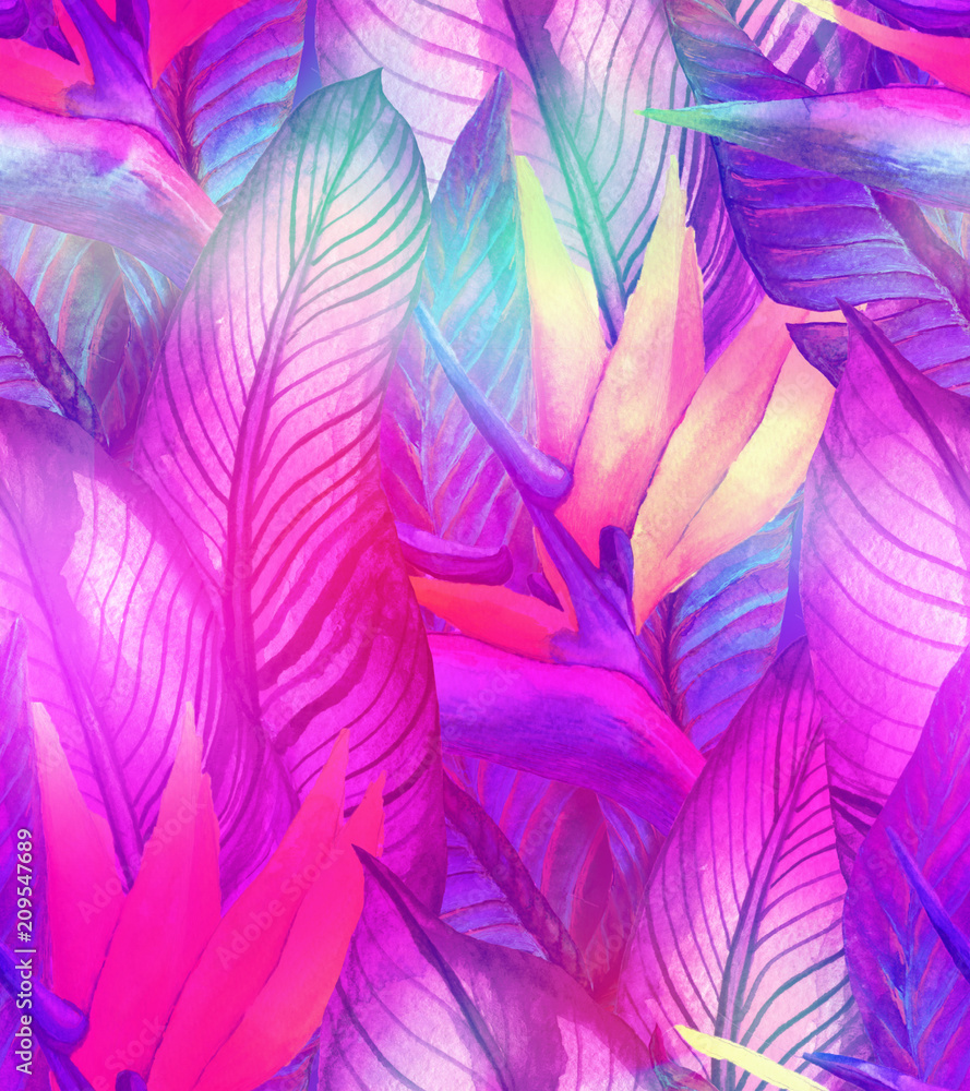 Tropical summer seamless pattern with banana leaves and flowers of strelitzia. Watercolor illustration with a rainforest Tropical summer seamless pattern with banana leaves and flowers of strelitzia. Watercolor illustration with a rainforest