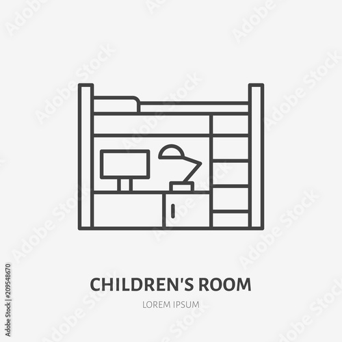 Childrens bedroom flat line icon. Apartment furniture sign, vector illustration of bunk bed with table. Thin linear logo for interior store.