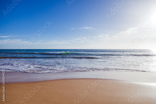 Fototapeta Naklejka Na Ścianę i Meble -  ocean coast, sand beach and foamy waves, beautiful natural vacation background and texture