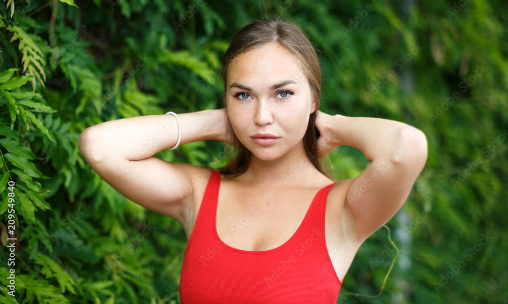 beautiful girl outdoors in red dress