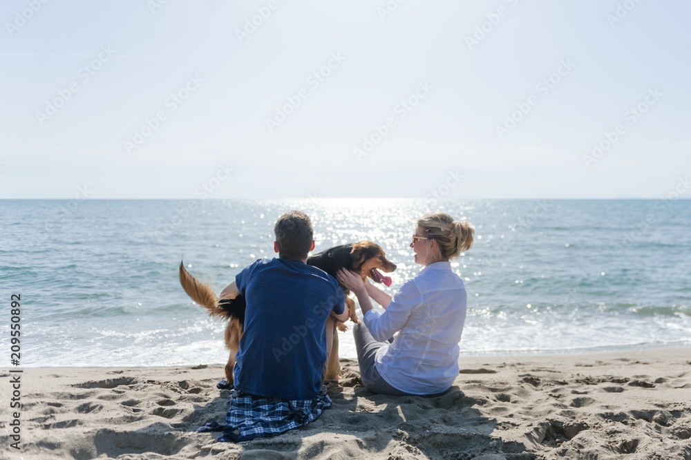 Mom with her son and their dog sitting on the beach watching the sunset Mom with her son and their dog sitting on the beach watching the sunset