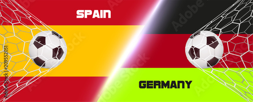 Soccer or Football wide Banner With 3d Ball on flag of Germany vs Spain background. Football game match goal moment with realistic ball in the net on flags background and place for text