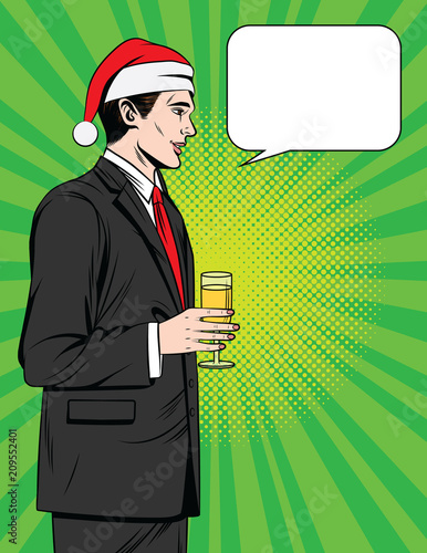 Vector colorful comic style illustration of a handsome man drinking champagne at Christmas corporate party. Manager standing in profile in suit in Santa Claus hat