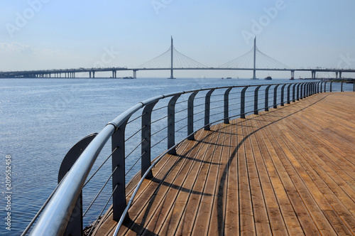 Sea lines / View of the Western Highway bridge from the sundeck on Krestovsky island, Saint-Petersburg, Russia