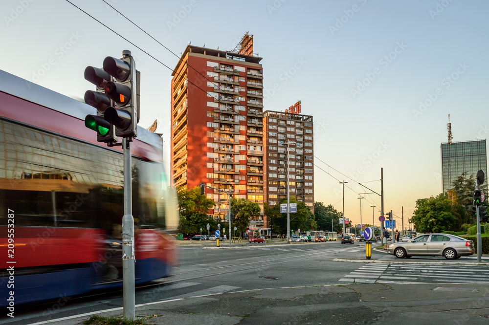 Fototapeta premium City view of the new Belgrade with the tram line passing through