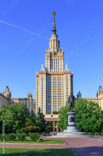 View of Moscow State University (MSU) against Monument to Lomonosov in sunny summer evening