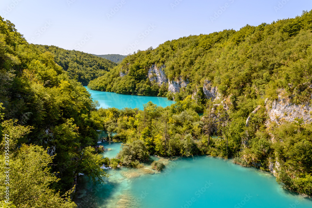 Landscape view of two of the Plitvice lakes during the day, Croatia