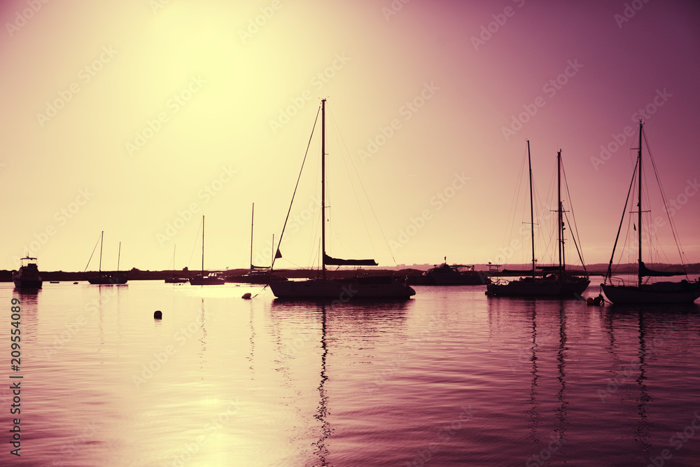 Beautiful seascape, boats and yachts at sunset