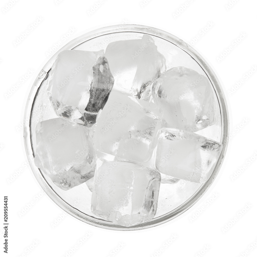 Ice on glass isolated on white background on top view drink object design Ice on glass isolated on white background on top view drink object design