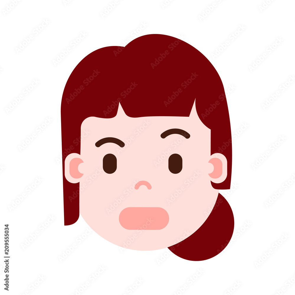 girl head with facial emotions, avatar character, woman surprised face with different female emotions concept. flat design. vector illustration