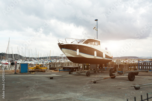 Morgat, France 29 May 2018 Boat on a trailer by the sea photo