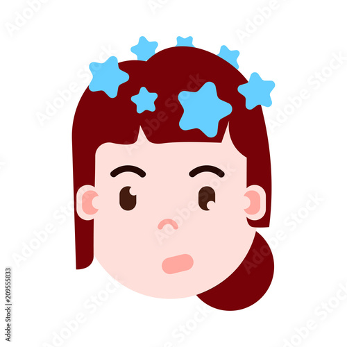 girl head emoji personage icon with facial emotions, avatar character, woman vertigo face with different female emotions concept. flat design. vector illustration