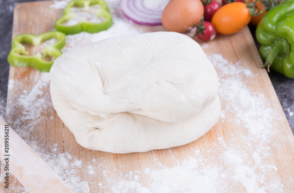 Pizza dough. Dough recipe ingredients. Bread, pizza or pie making ingredients. Pizza dough. Dough recipe ingredients. Bread, pizza or pie making ingredients.