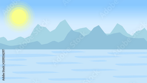 Vector illustration. Landscape with lake or bay and mountains on horizon.