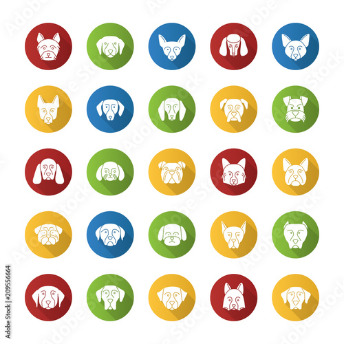 Dogs breeds flat design long shadow glyph icons set