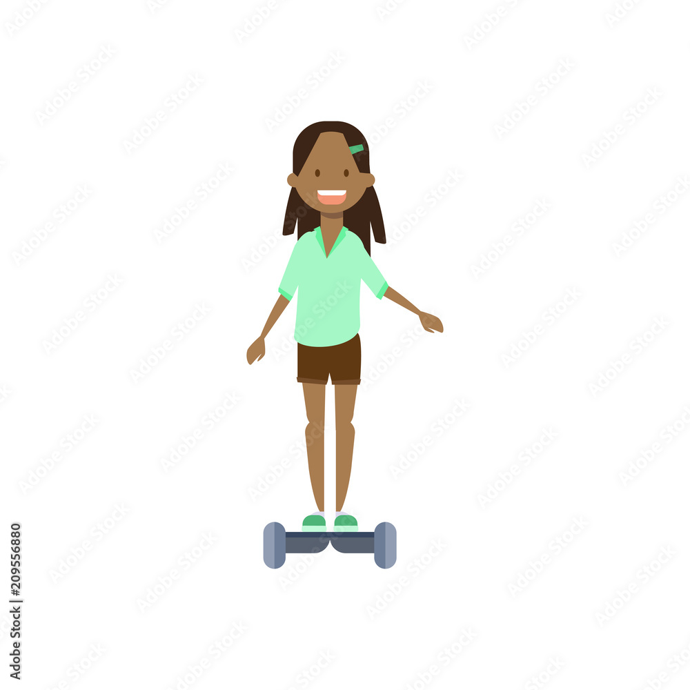 african young girl riding electro scooter over white background. cartoon full length character. flat style vector illustration african young girl riding electro scooter over white background. cartoon full length character. flat style vector illustration