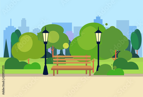 Urban park wooden bench street lamp green lawn trees on city buildings template background flat vector illustration