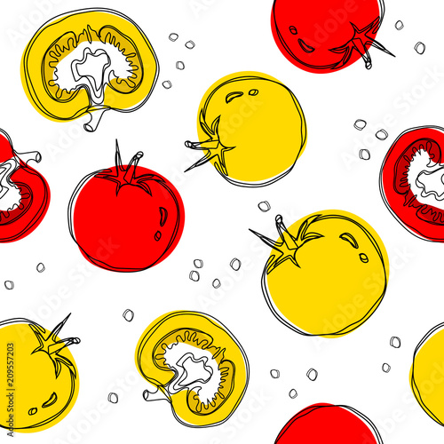 Yellow and red tomatos seamless pattern, doodle style for use as wallpaper, wrapping paper, background or backdrop