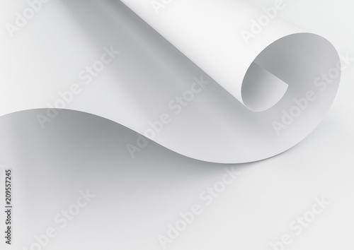 3d rendering of white waved paper isolated on white background. Part of twirled paper with empty space for design or text.