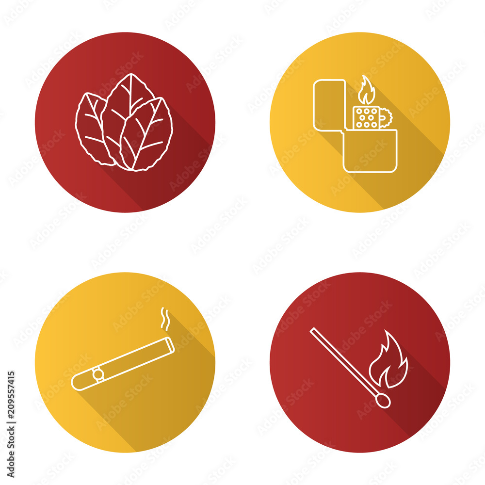 Smoking flat linear long shadow icons set Smoking flat linear long shadow icons set