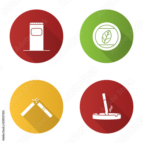 Smoking flat design long shadow glyph icons set