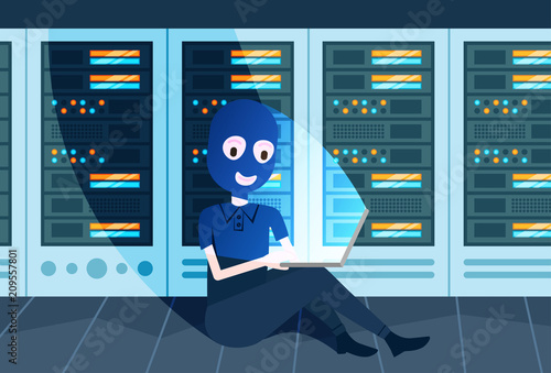 girl black mask hacker attack data privacy over data storage center with hosting servers and staff, computer technology, network and database, internet center, communication support, flat vector