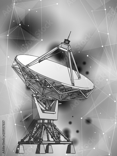 Large Space Radar Doppler studies the depths of space - stars, galaxies, nebulae & black holes. Science astronomy black & white futuristic abstract illustration with ink-like spots and a digital wave
