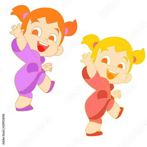 Vector illustration of a set of a girl with two tails smiling and saying goodbye