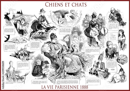 Canvas Print French satirical magazine La vie Parisienne 1888, central page: Chiens et chats