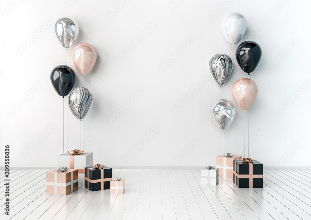 3D interior illustration with white, begie, black and silver balloons ...