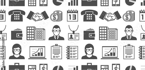 Seamless pattern with business icons, outline style. isolated on white background