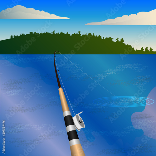 Fototapeta Naklejka Na Ścianę i Meble -  fishing rod with a reel, bite. Fishing, first-person view, pond, forest on the horizon.