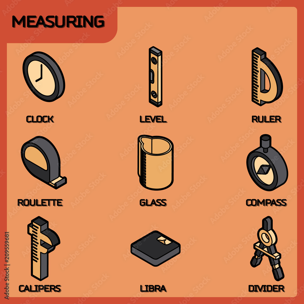 Measuring color outline isometric icons Measuring color outline isometric icons