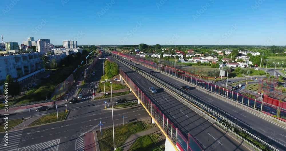Flying Above Highway Intersection. Traffic Running Flying Above Highway Intersection. Traffic Running