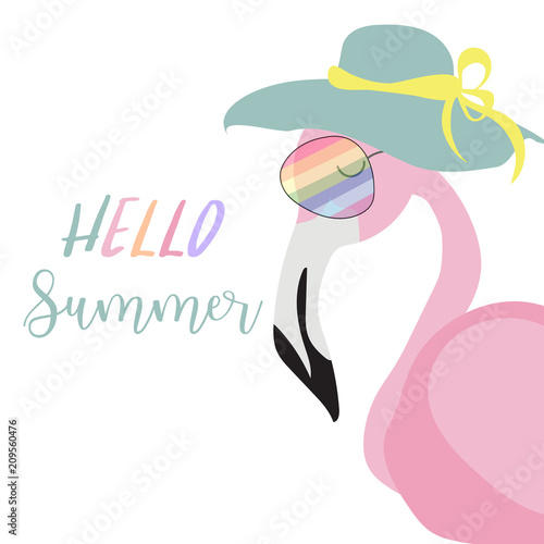 Green pink invitation card with flamingo and hat in summer