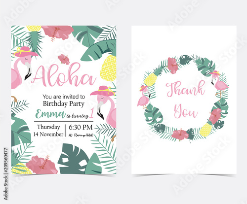 Green pink invitation card with plam, pineapple,hibiscus,flamingo,banana leaf,wreath and flower in summer