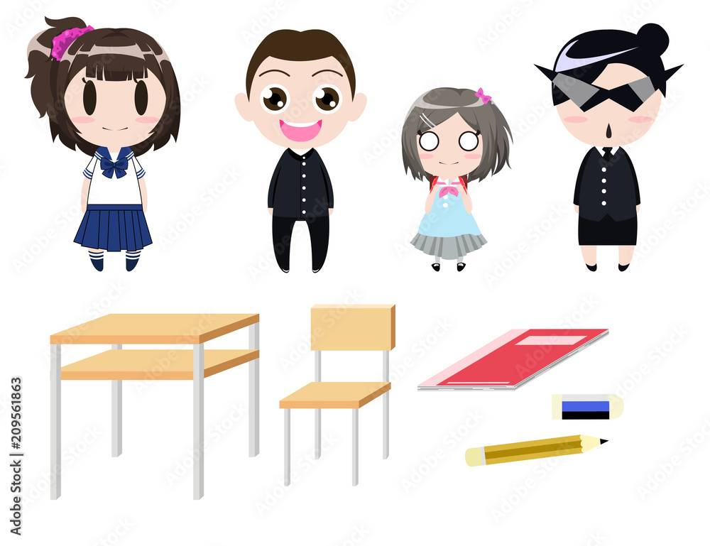 Student uniform cartoon character design with stationary, table and chair on white isolated background.