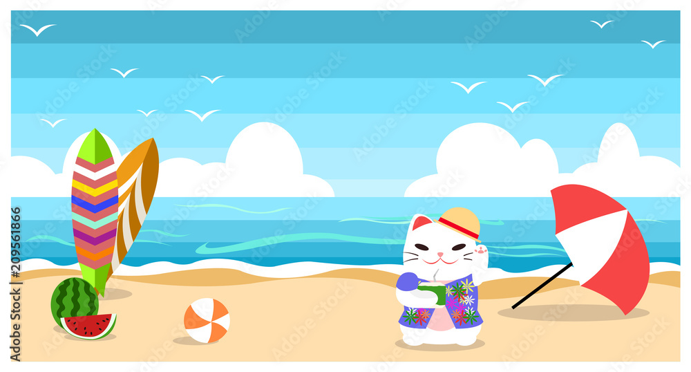 Summer beach background with surfboard, watermelon, ball, unbrella and cat drink coconut at seaside, flat design cartoon style.