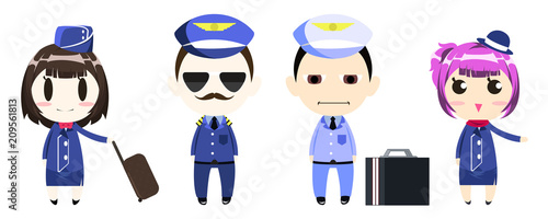 Pilot  captain  crew and stewardess in uniform cartoon character  flat design style.