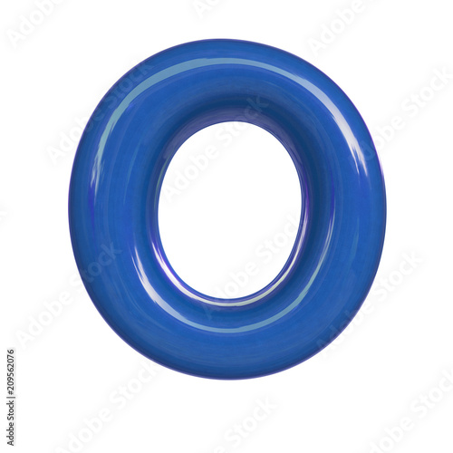 Glossy blue paint letter O. 3D render of bubble font isolated on white background