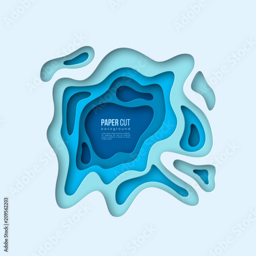 3d paper cut style background. Shapes with shadow in different blue tones. Papercraft layered art. Design for decoration, business presentation, posters, flyers, prints. Vector illustration.