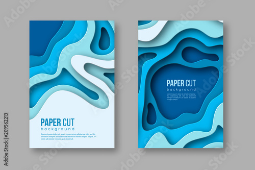 3d paper cut vertical banners. Shapes with shadow in different blue color tones. Papercraft layered art. Design for decoration, business presentation, posters, flyers, prints. Vector.