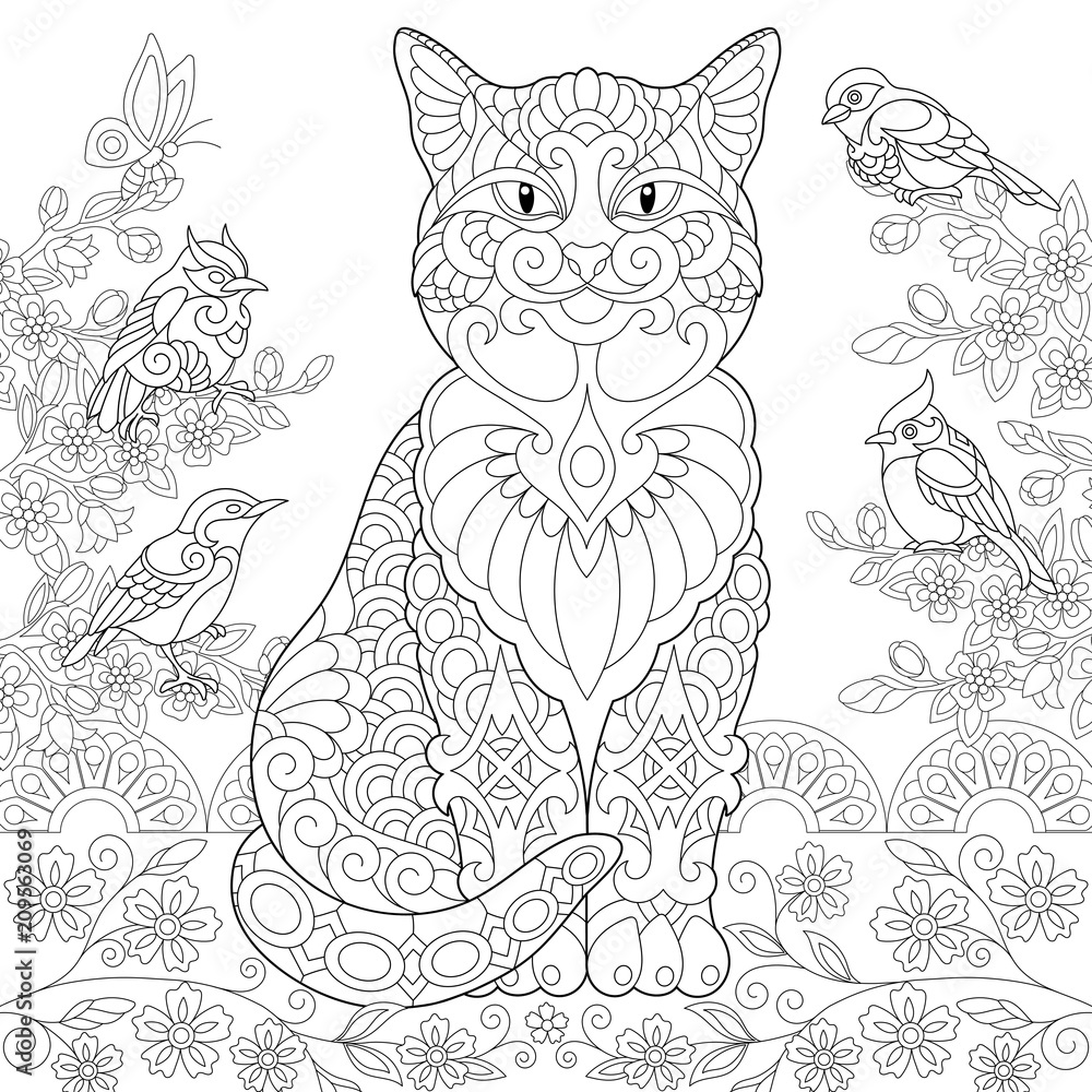 Cat and spring birds in the garden. Coloring Page. Colouring ...